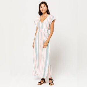 ROXY|Lagoon Button Down Striped Maxi Dress Beachy Vacation Vibes Size Large